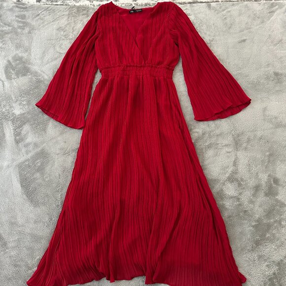 Zara Dresses & Skirts - Zara Red Midi Maxi Pleated Bell Sleeve Dress Women's SMALL